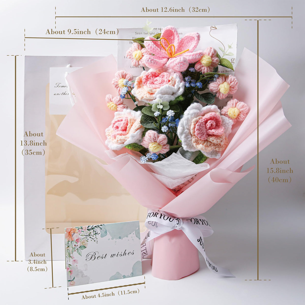 EZsenses crochet bouquet close-up of roses, premium craft adds cozy, artisanal vibes.
