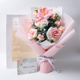 EZsenses crochet flower bouquet roses front view, adds timeless charm to living rooms.