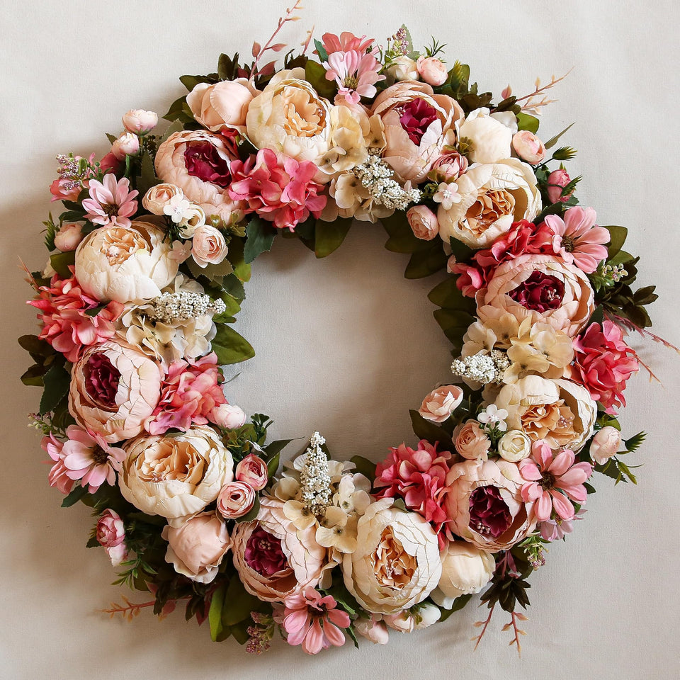 EZsenses Peony Wreath 23-inch front door display for a welcoming spring look.