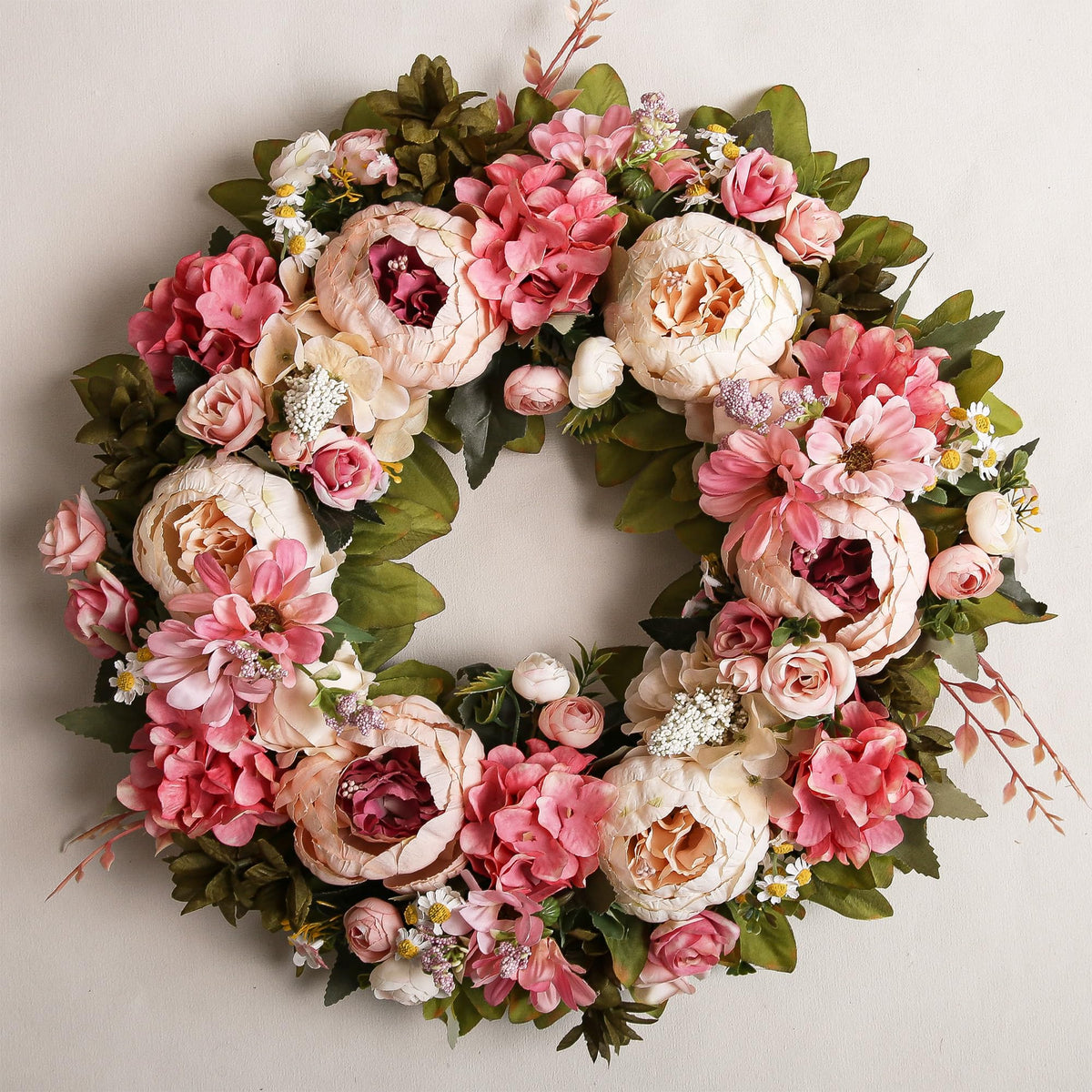 EZsenses Peony Wreath on front door with vibrant spring color for curb appeal