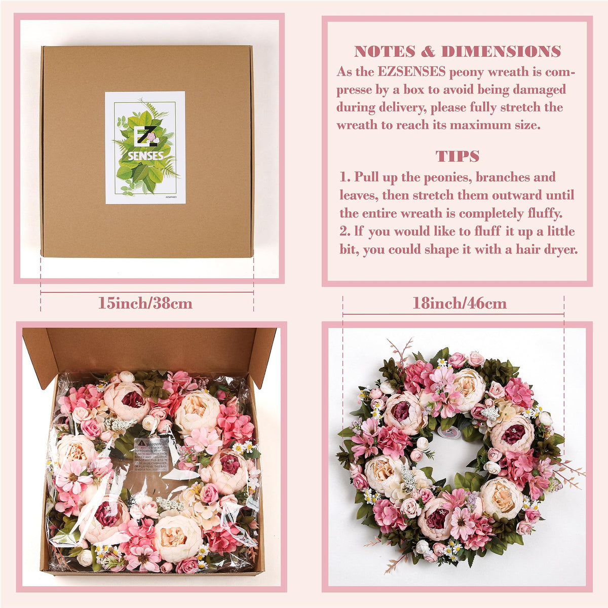 EZsenses Peony Wreath hanging setup demonstrating easy installation