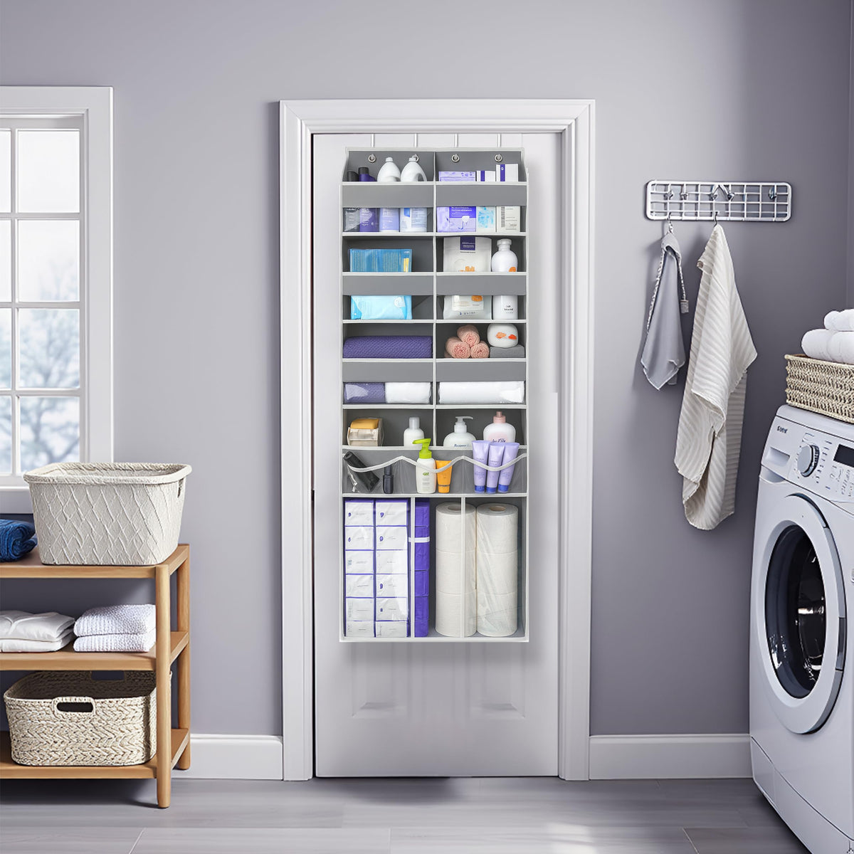 EZVERY 57-inch tall hanging storage adds bottom space for towels and bulk items.