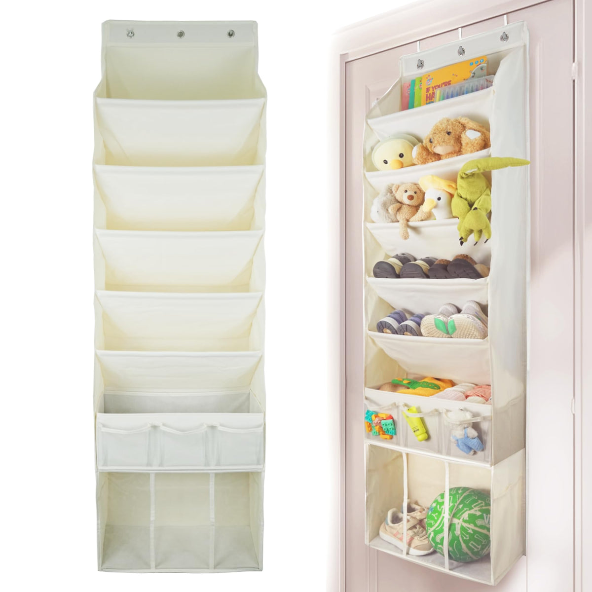 EZVERY over-door organizer with removable middle bin for flexible storage use.
