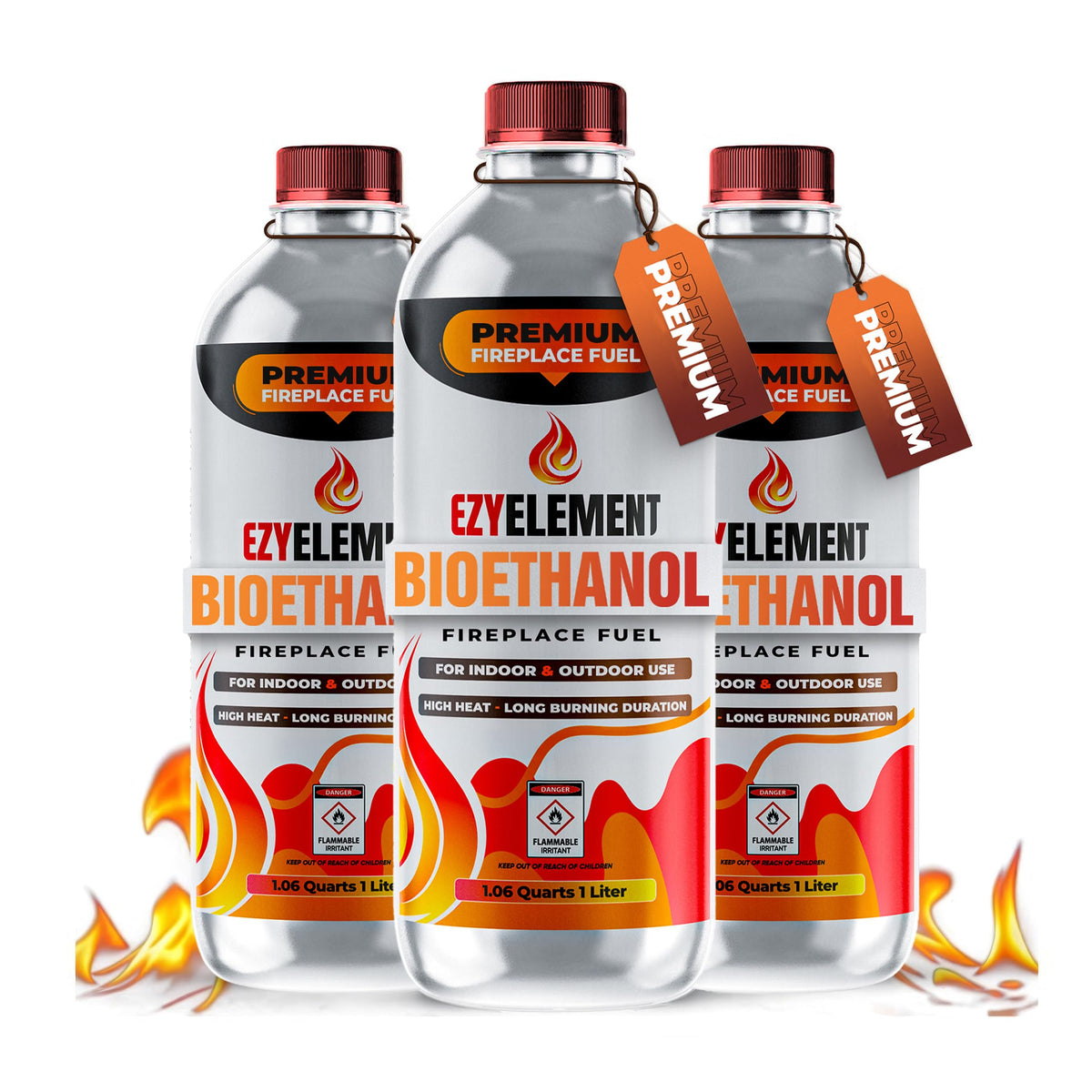 EZYELEMENT bioethanol fuel bottle pour for ash-free flame and clean decoration.