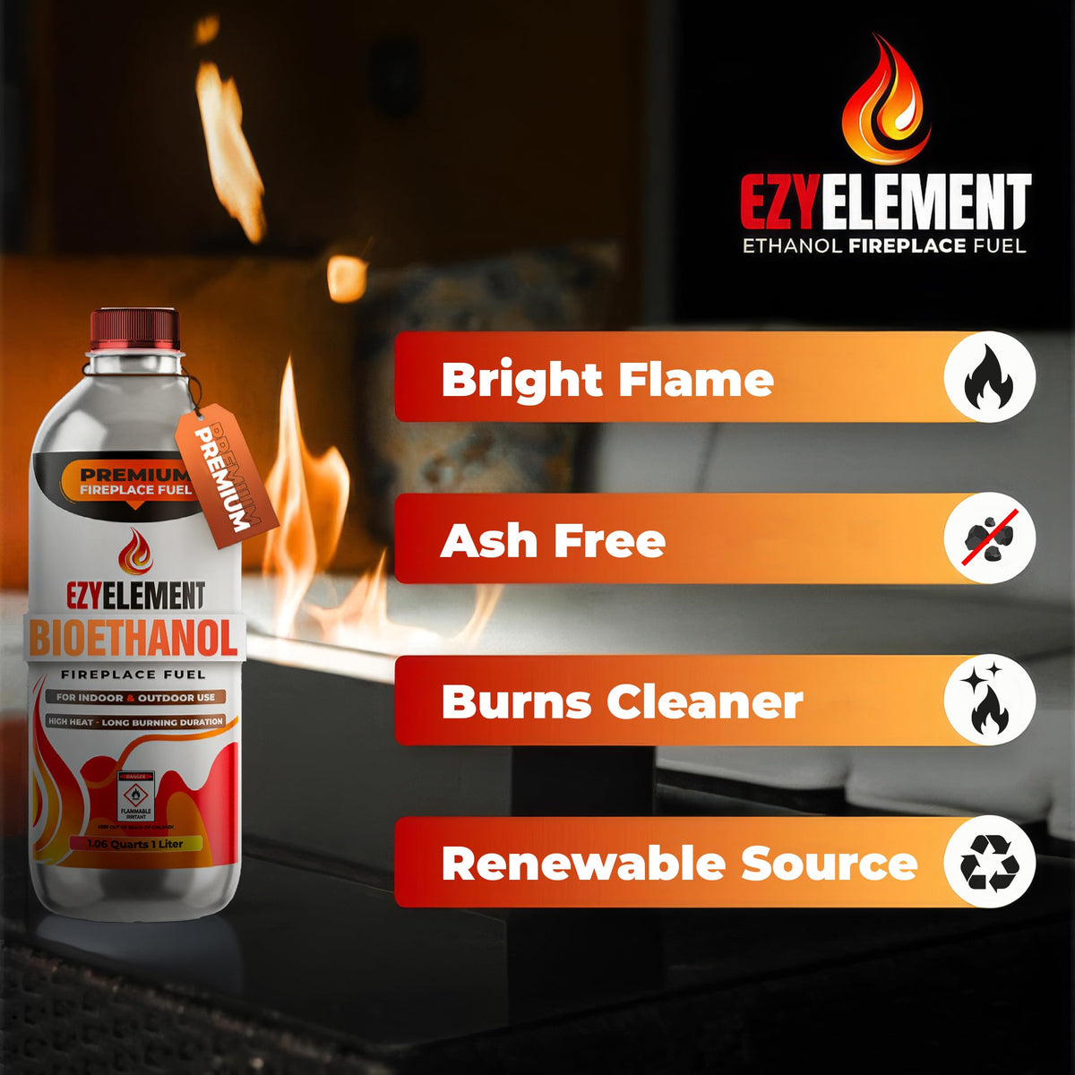 EZYELEMENT bioethanol fuel fire-pit enables indoor-outdoor use with warm ambiance.