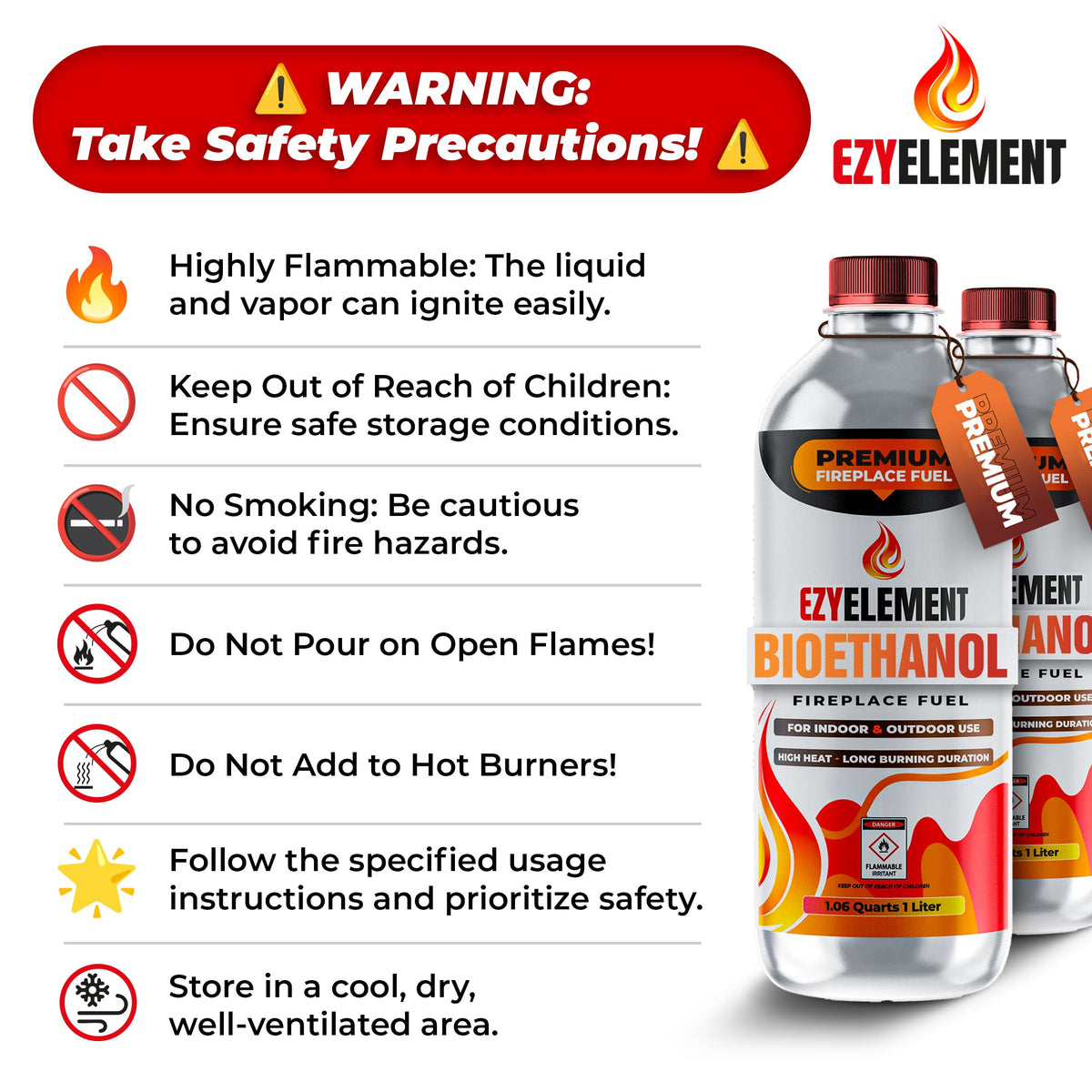 EZYELEMENT bioethanol fuel indoor-outdoor-use supports decorative fires with clean burning.