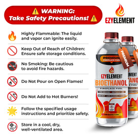 EZYELEMENT bioethanol fuel indoor-outdoor-use supports decorative fires with clean burning.