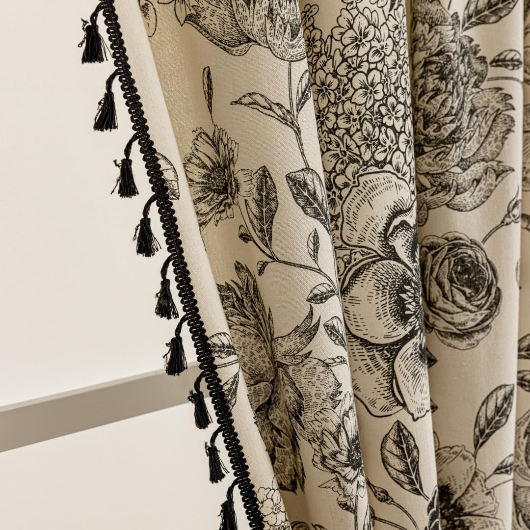 F-CHU Black Floral Farmhouse curtains 84-inch length for light diffusion and privacy