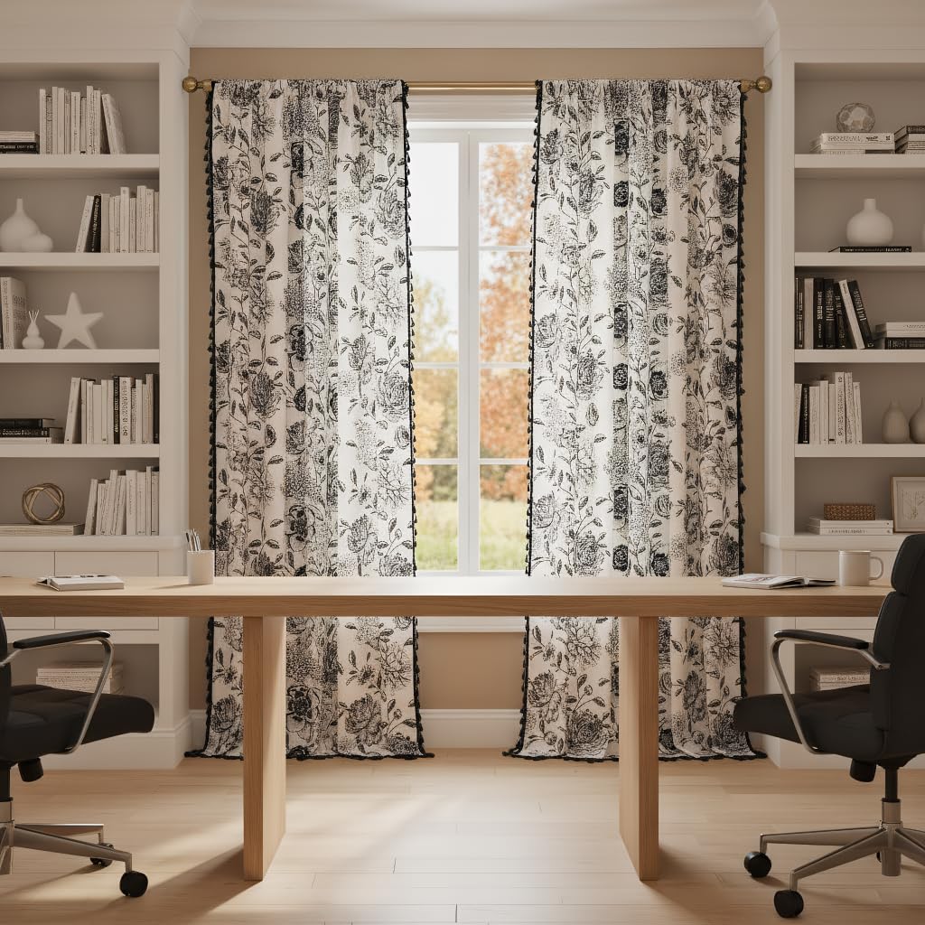 F-CHU Bohemian tassel rod-pocket curtains with flower pattern for stylish spaces