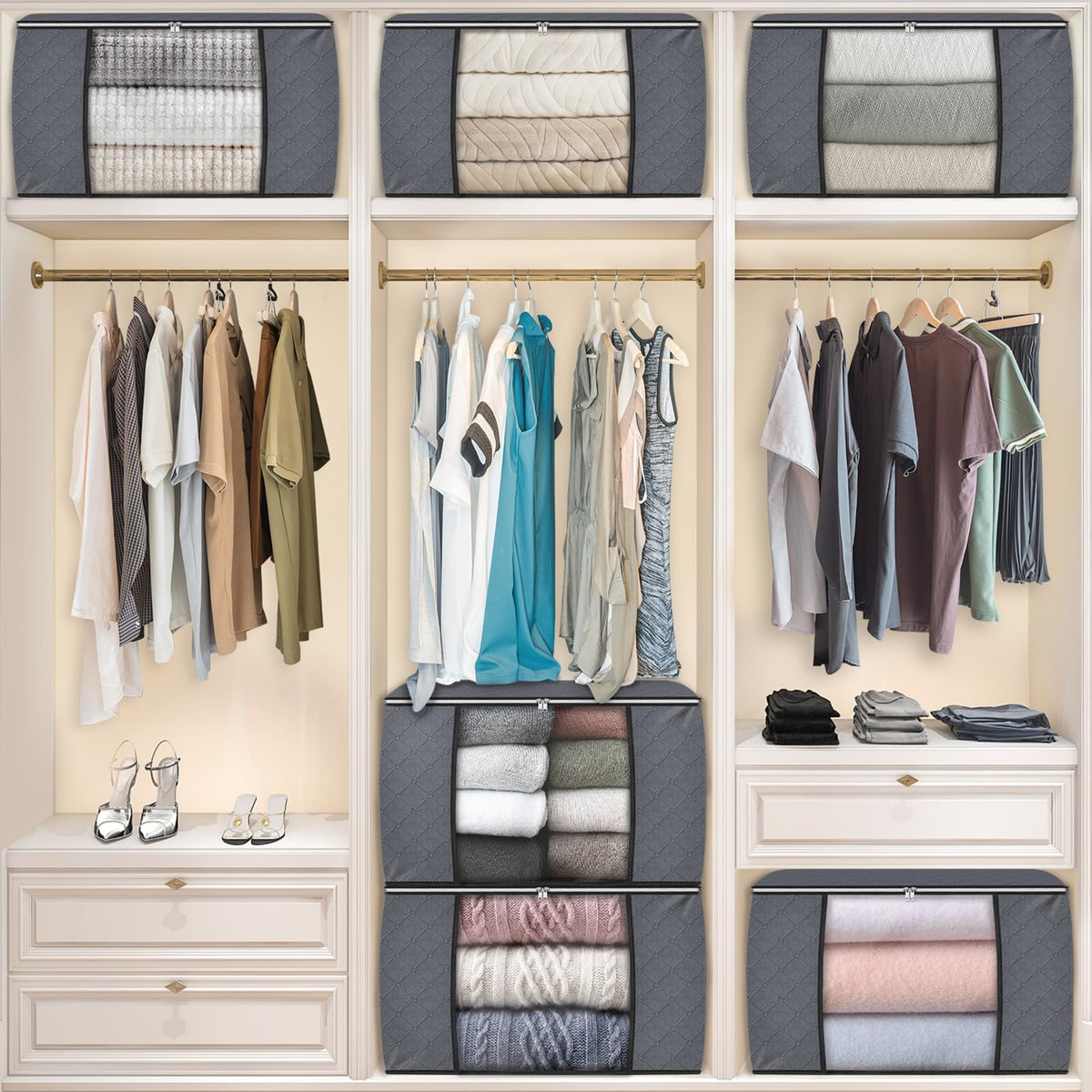 Fab totes 24 gallons in closet ready for bedroom organization.