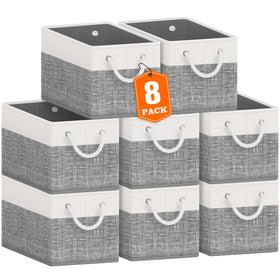 Fab totes storage bins front view in white and grey for sturdy on-shelf organization.