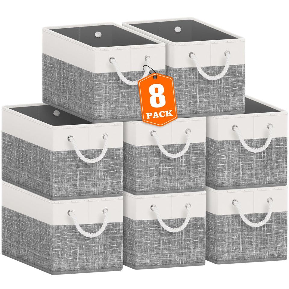 Fab totes storage bins front view in white and grey for sturdy on-shelf organization.