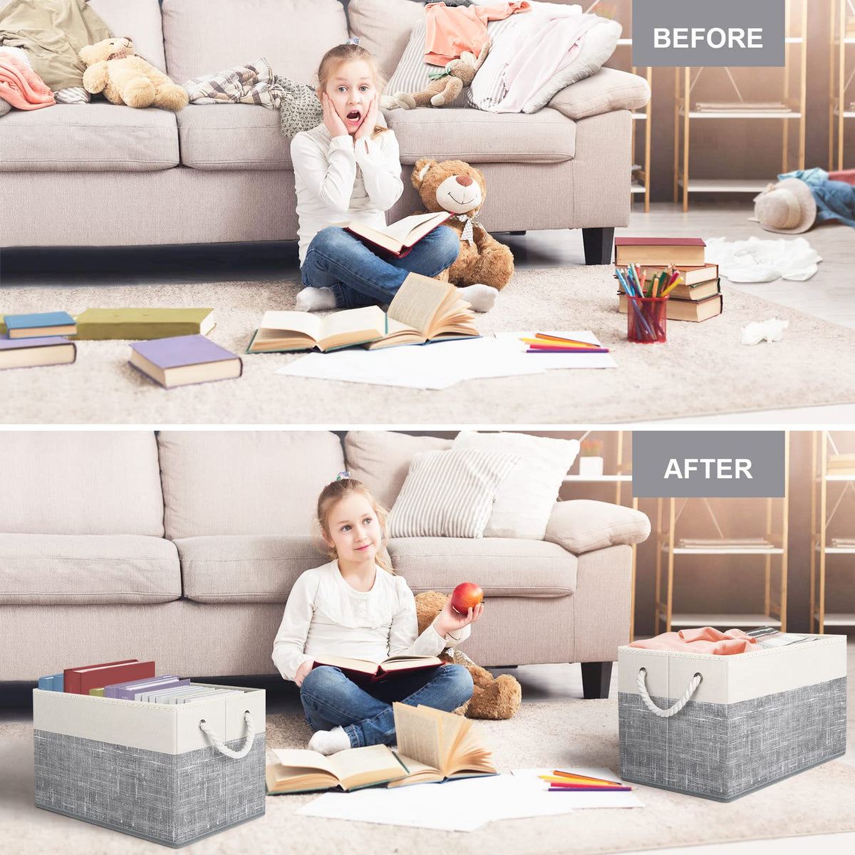 Fab totes storage bins on a shelf, showing versatile multi-purpose storage solution.