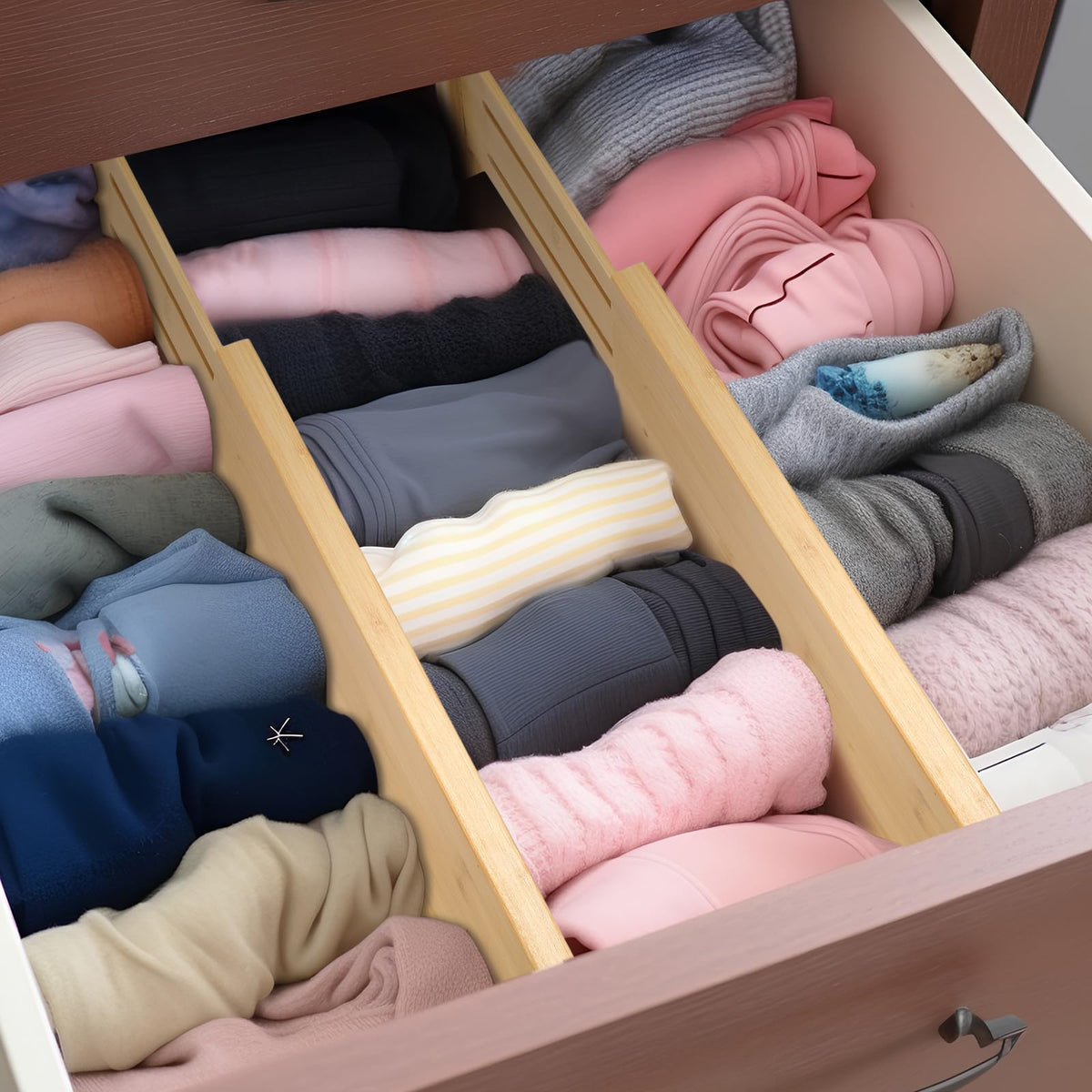 Fabsome bamboo drawer dividers with spring ensure secure grip and stability.