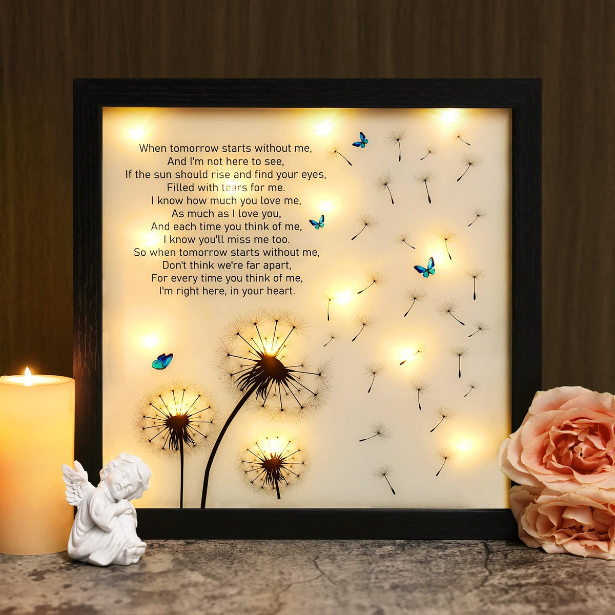 Fabuday Memorial LED Shadow Box front view glowing softly for remembrance