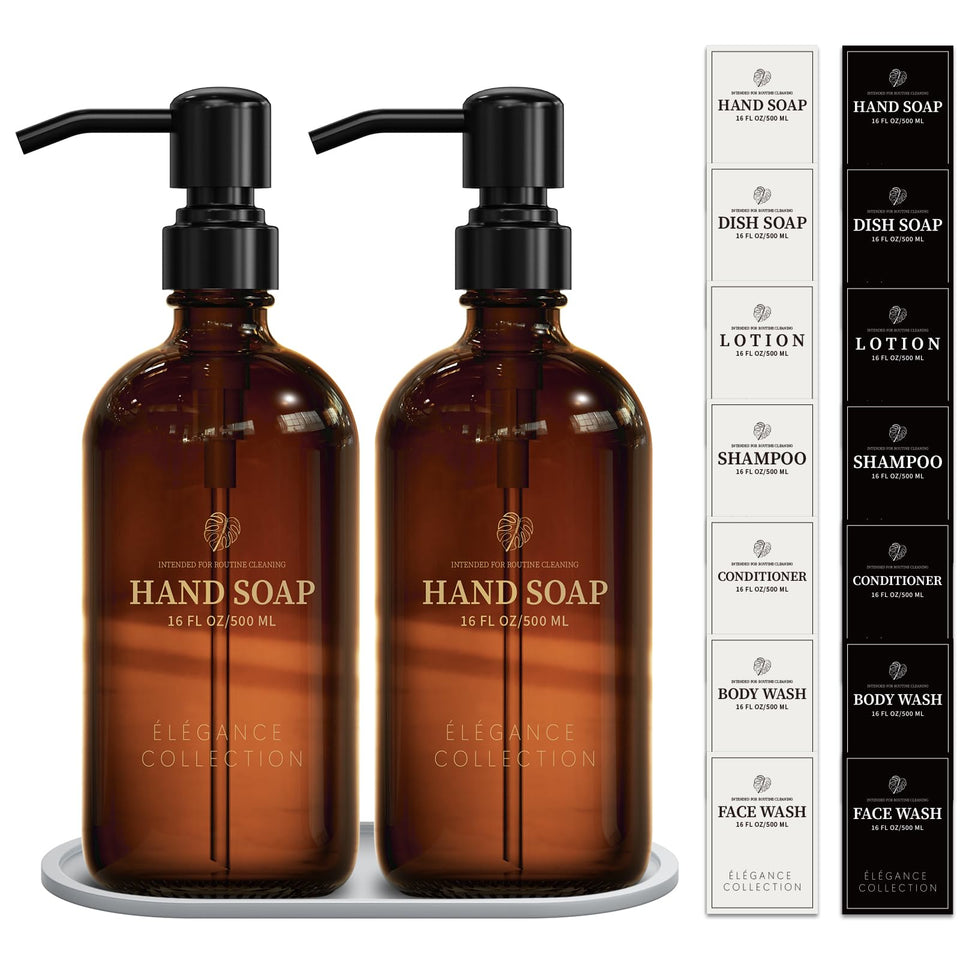 Fachixy amber glass soap dispensers 2-pack shown for elegant bathroom organization.