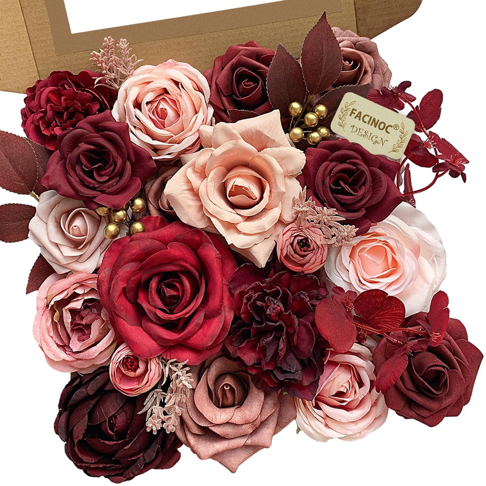 FACINOC Burgundy artificial roses arranged for a DIY wedding bouquet