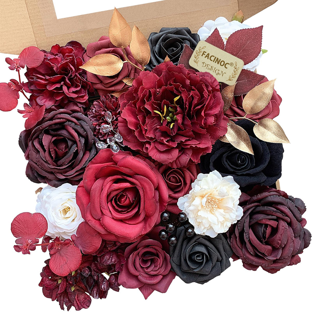 FACINOC burgundy artificial roses with stems for easy DIY bouquets and centerpieces.