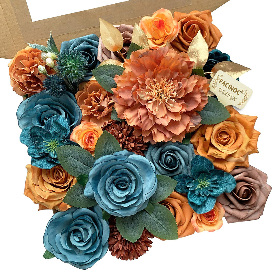 FACINOC Roses artificial flowers bouquet set in teal and orange for elegant DIY decor
