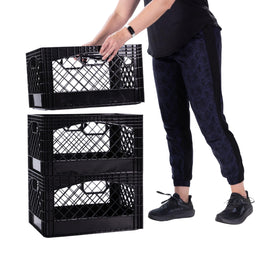 Factory Direct Partners heavy-duty plastic crate with ergonomic handles for easy transport.