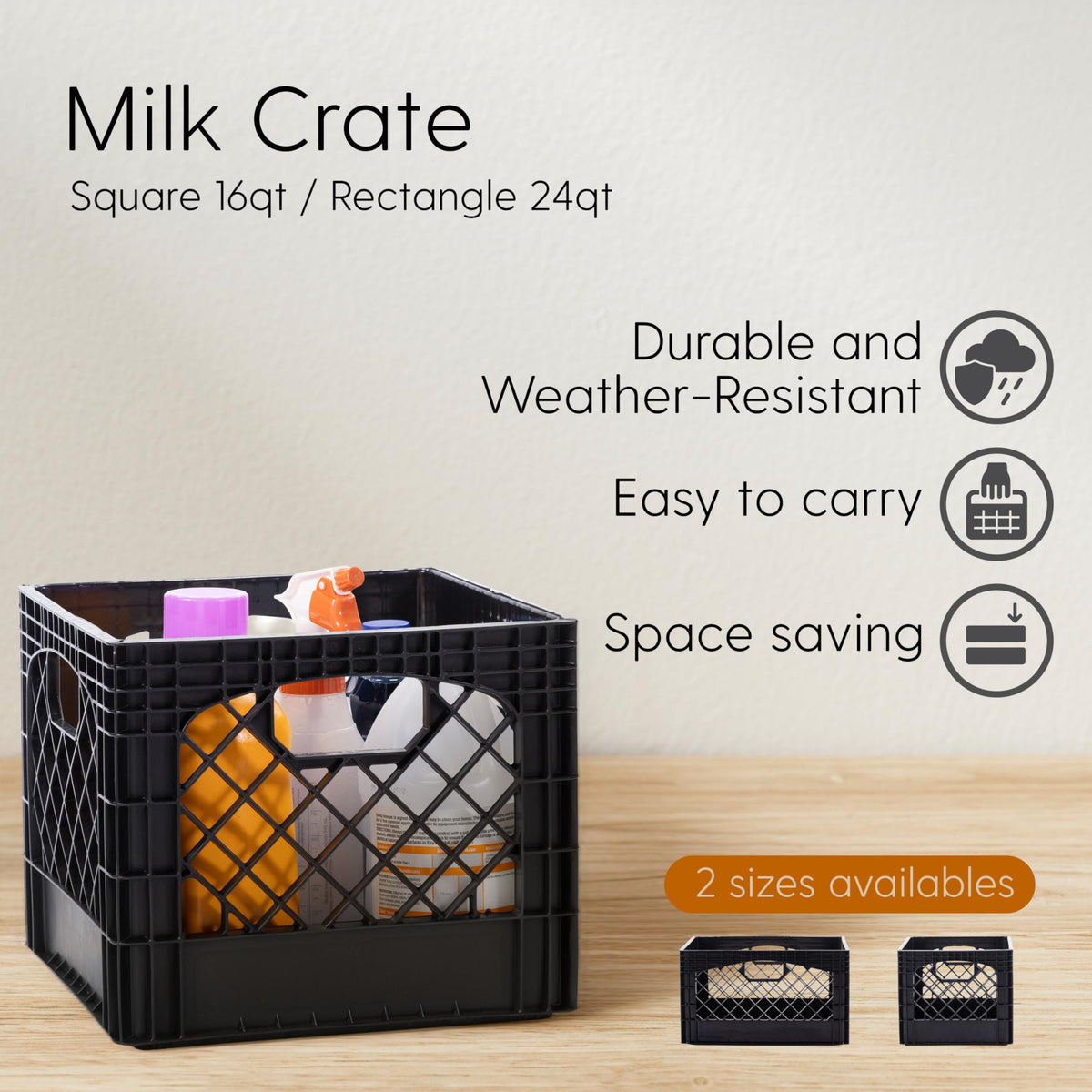 Factory Direct Partners milk crate with reinforced handles for easy transport.