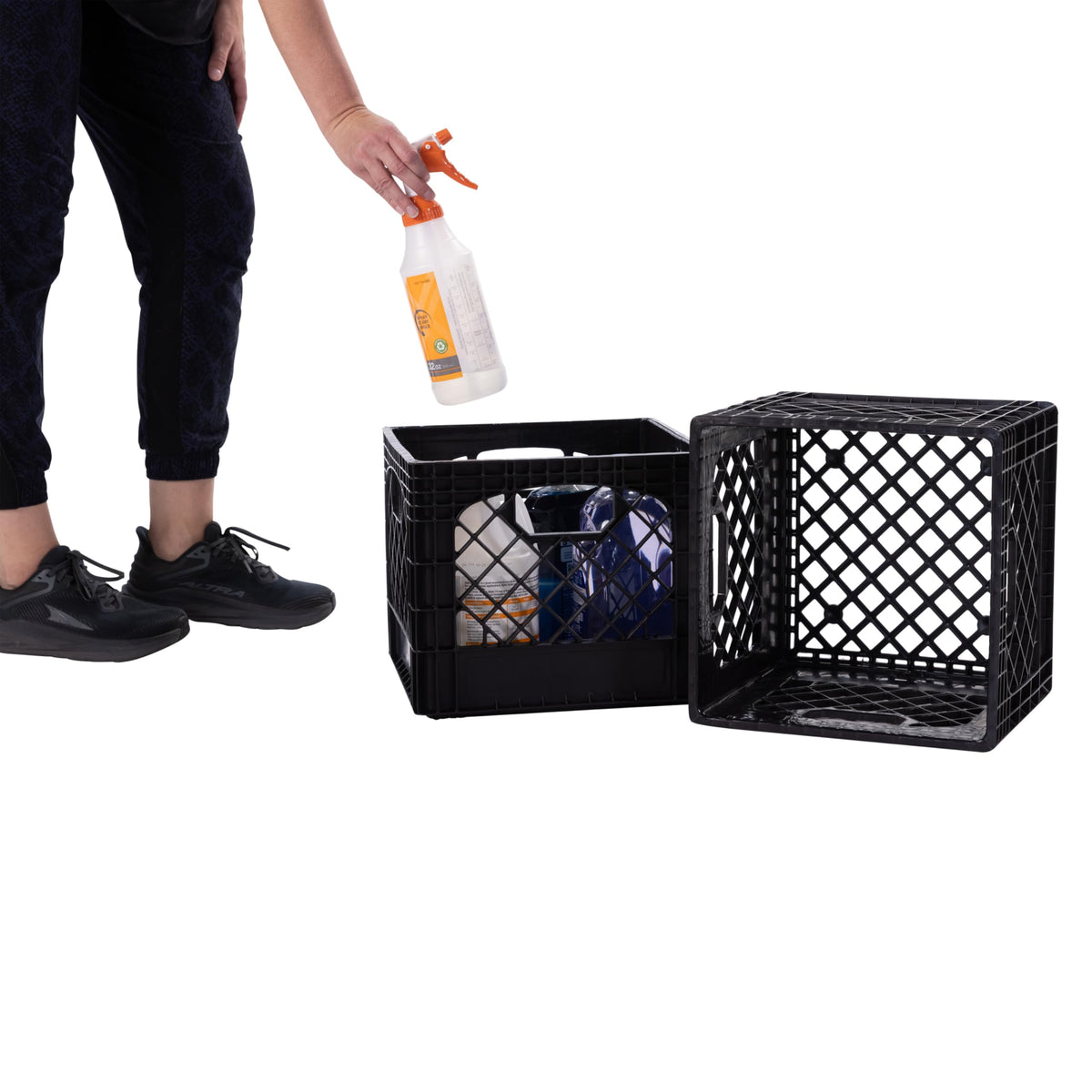 Factory Direct Partners milk crate on shelf for easy labeling and access.