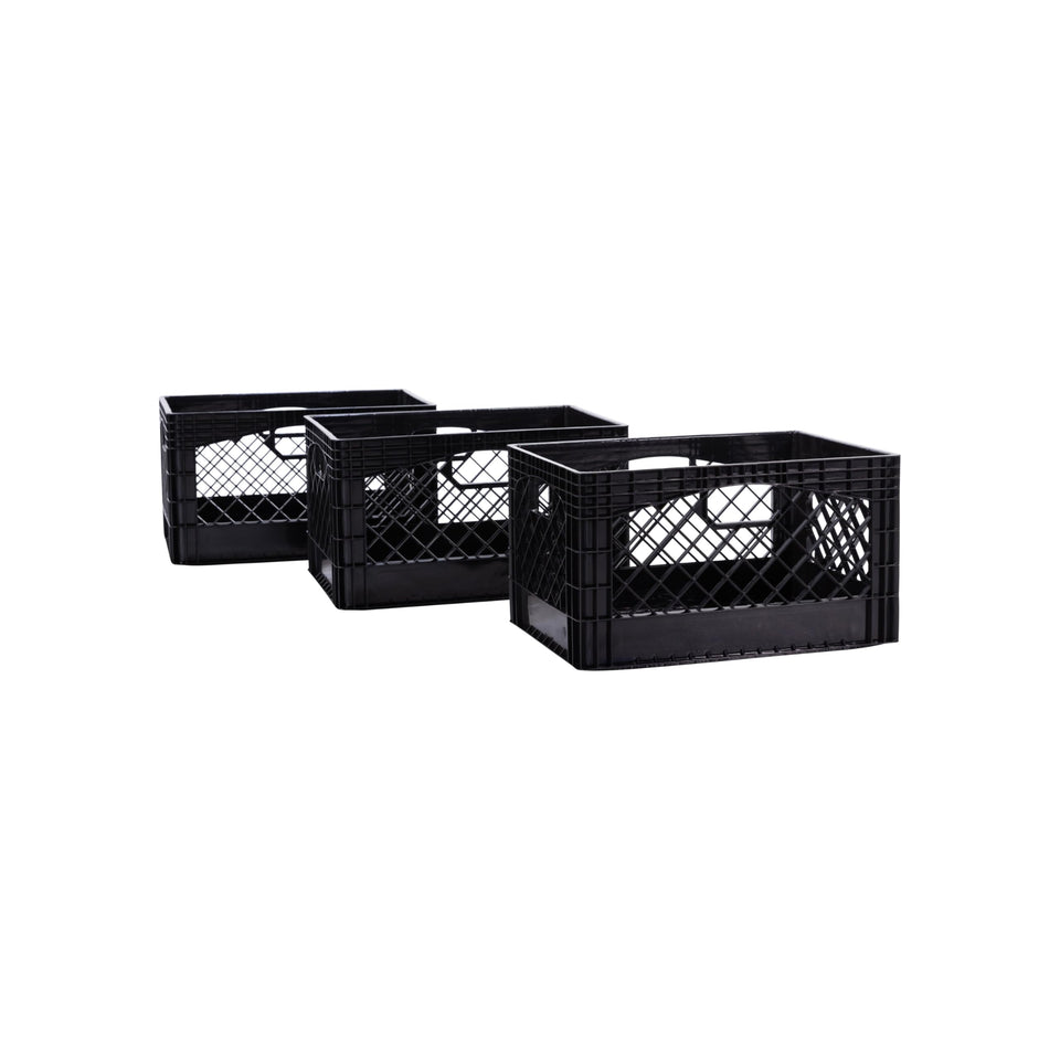 Factory Direct Partners rectangular 24qt stackable milk crate in black for organized garage storage.