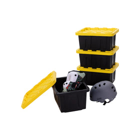 Factory Direct yellow-lid stackable tote organizes garage essentials efficiently.
