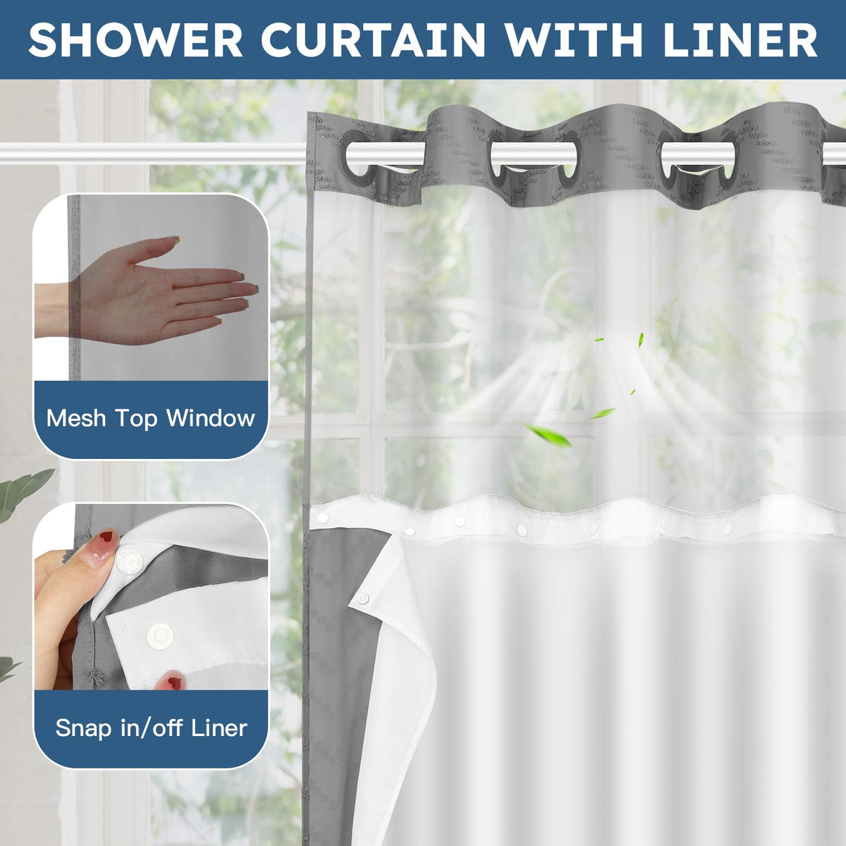 FADOTY mesh top shower curtain allows light and airflow while keeping privacy