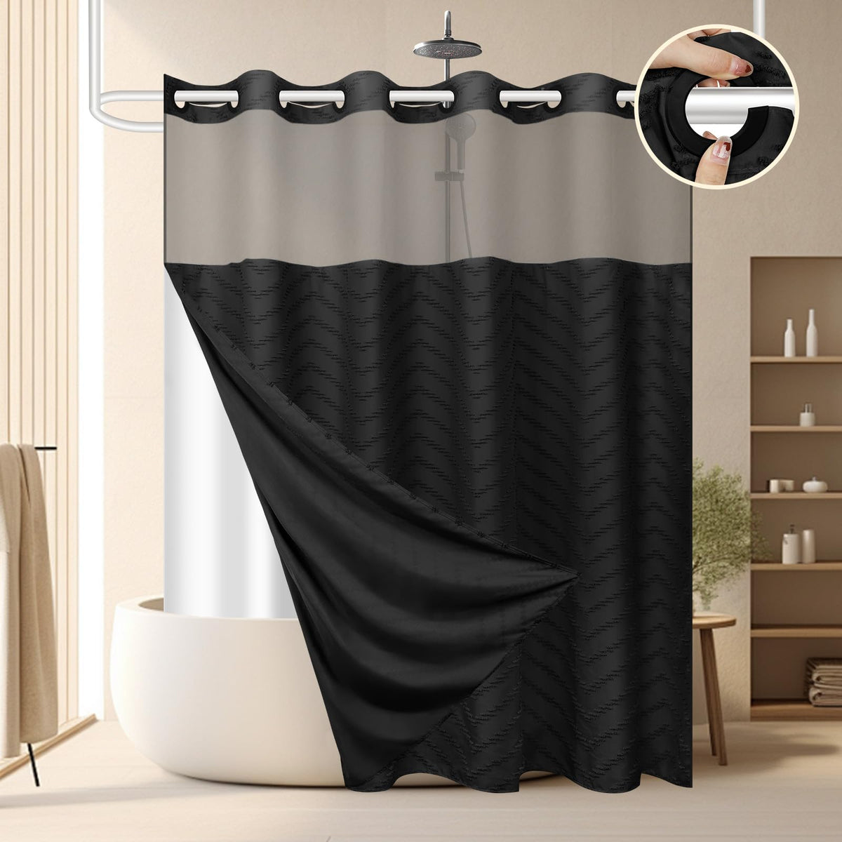FADOTY no hook curtain with mesh top offers brighter shower space and privacy.