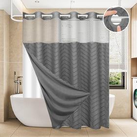 FADOTY no-hook shower curtain with mesh top for privacy and airflow.