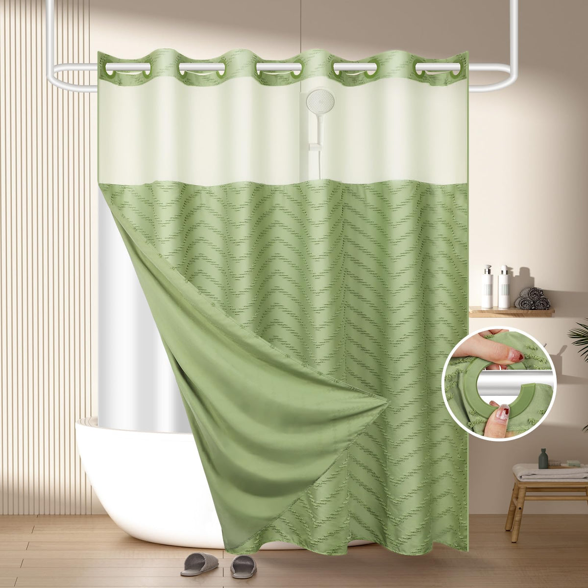 FADOTY sage green no-hook curtain with tufted chevron design for chic bathroom style.