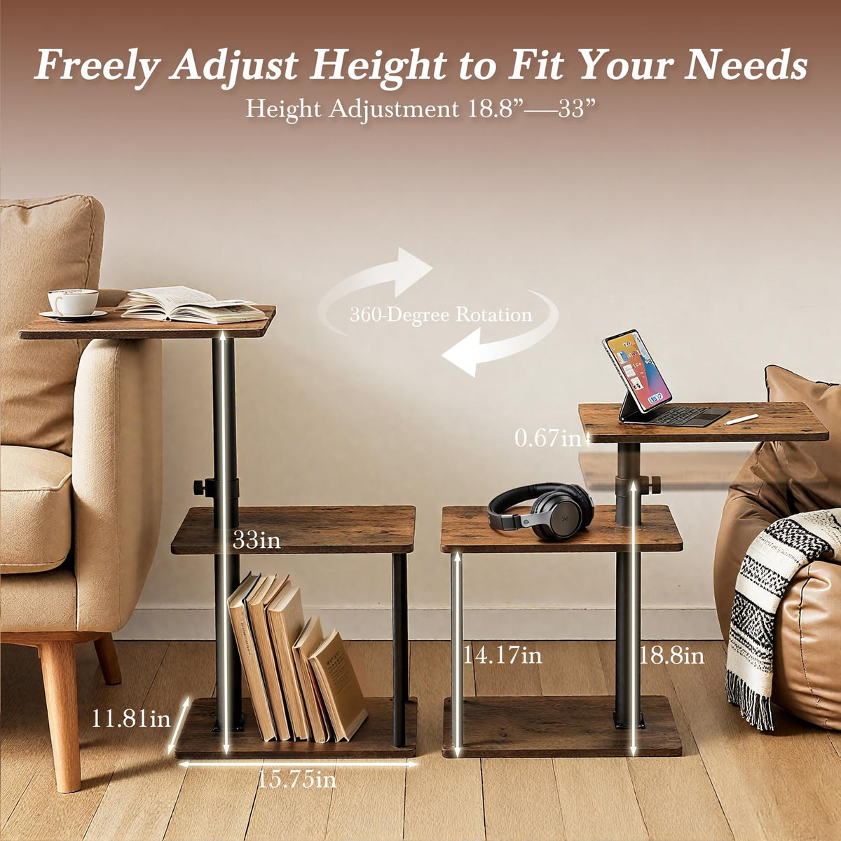 Faesun Height Adjustable End Table aligned to couch height