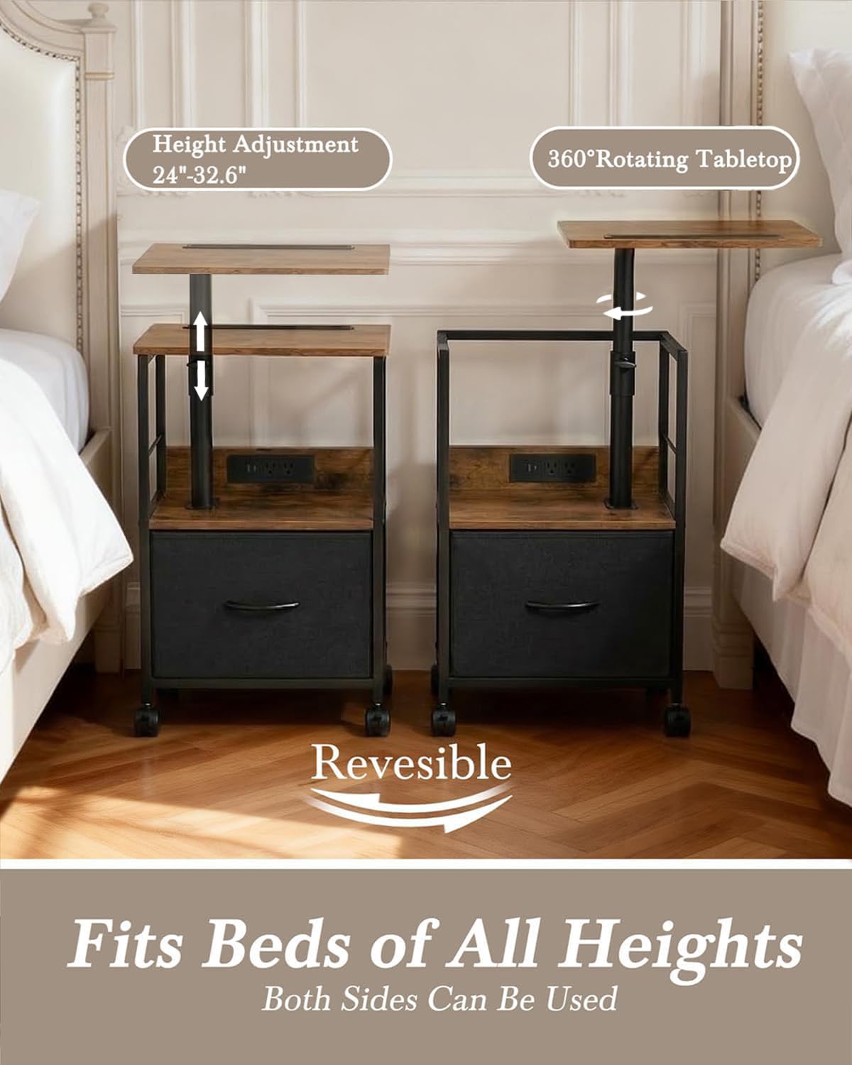 Faesun nightstand with charging station keeps devices powered overnight.
