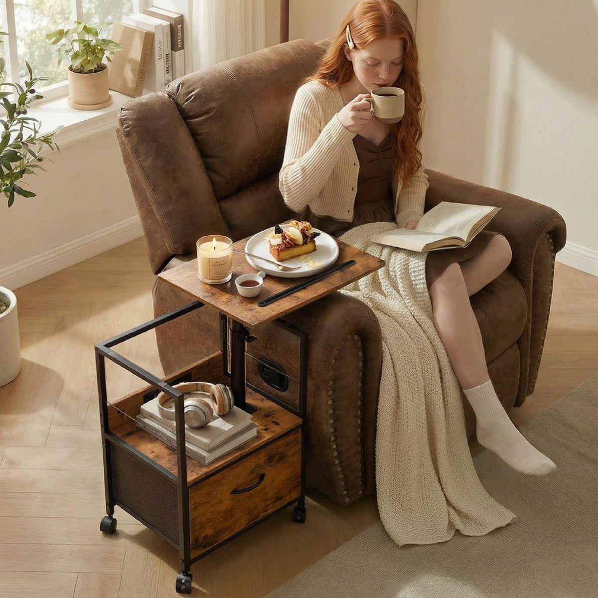 Faesun rolling side table for bedside keeps beverages within easy reach