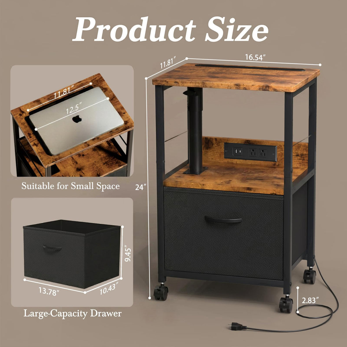 Faesun rolling side table with casters adapts to carpet or hardwood floors.