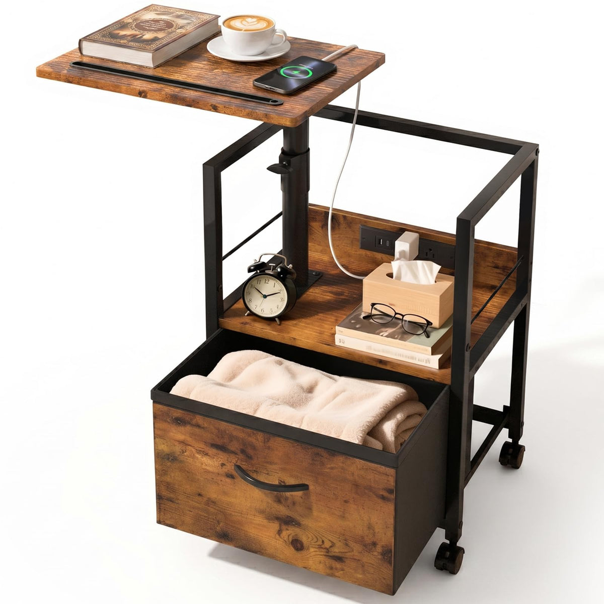 Faesun swivel lift top nightstand with charging station keeps devices powered by the bed
