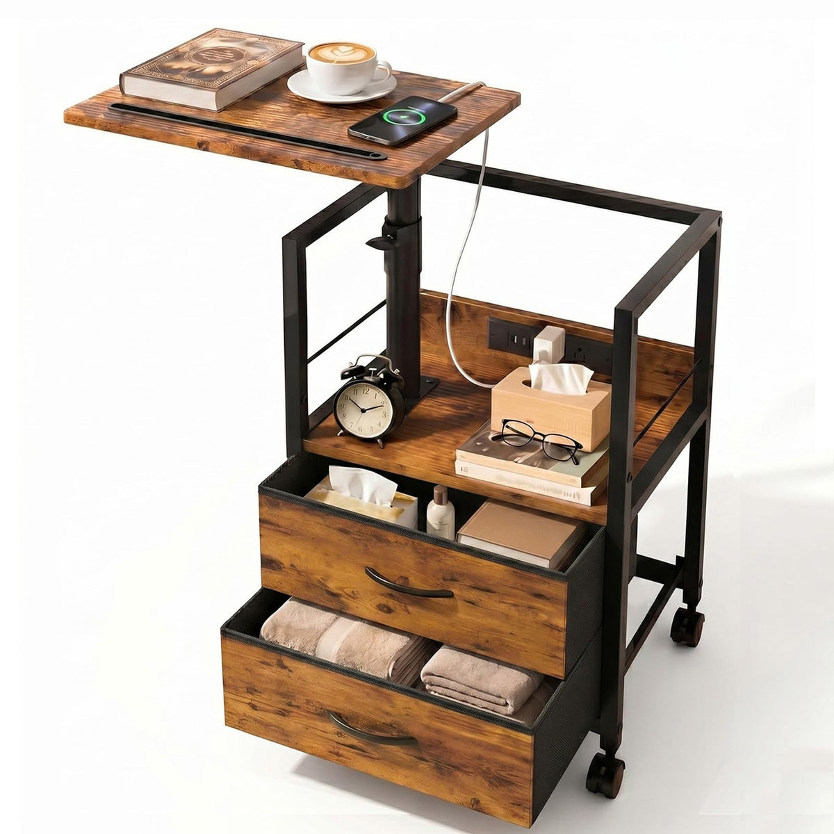 Faesun swivel lift-top nightstand with accessible workspace and charging ports.
