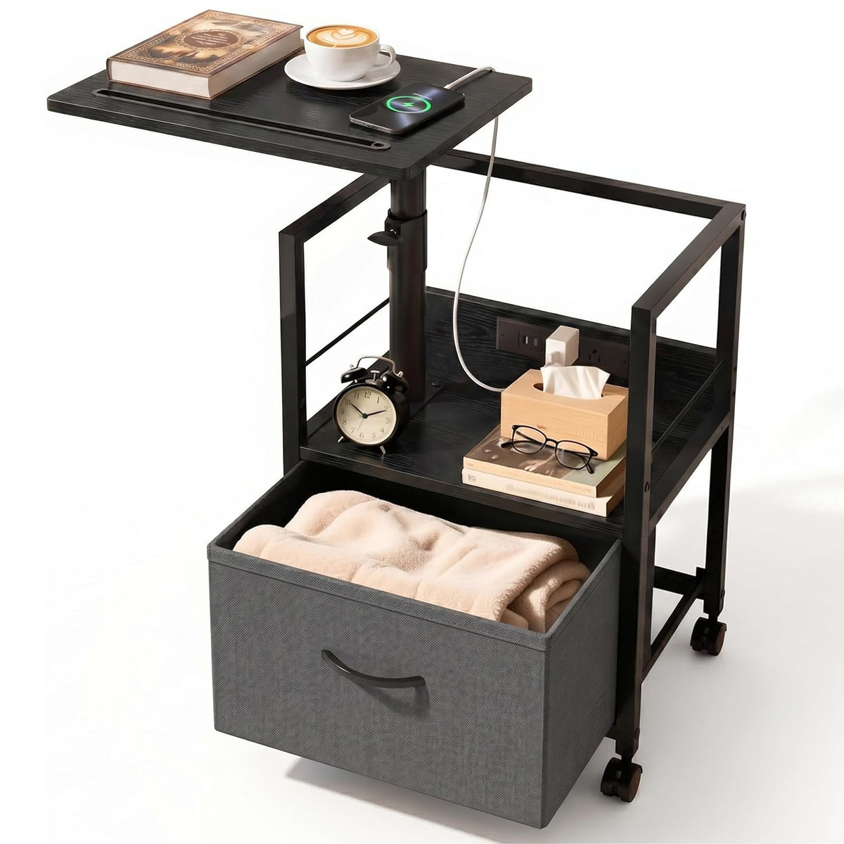 Faesun swivel lift top nightstand with charging station, raised top for easy reach.