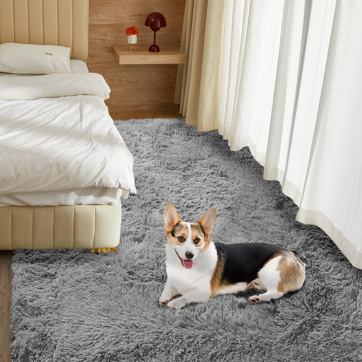 Fairblink 5x8 fluffy rug in bedroom highlights soft texture for study or rest.