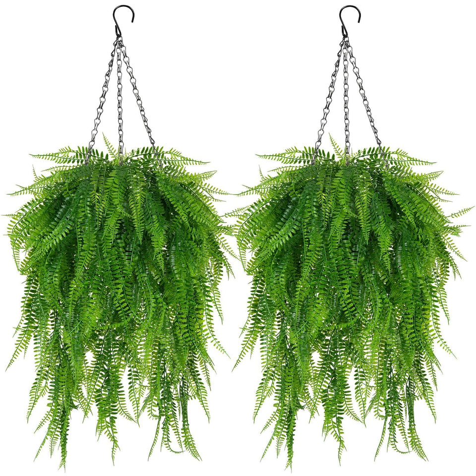 Fairblo Boston fern hanging basket 2-set front door display with lifelike greenery