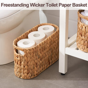 FairyHaus water hyacinth 6-roll holder stand keeps toilet paper organized.