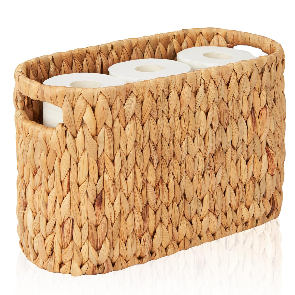 FairyHaus wicker toilet paper basket with built-in handles for easy transport.