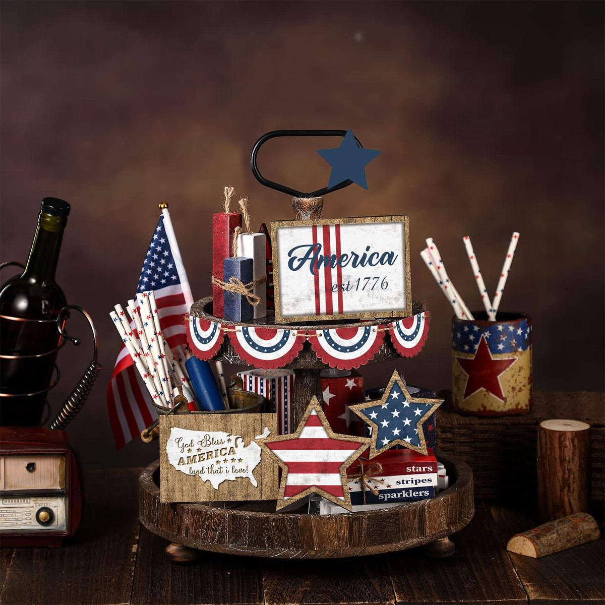 FairySandy red white blue wooden stars, vivid accents that attract attention.