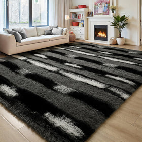 FALARK fluffy area rug 4x6 black and grey stripes adds cozy style to any room