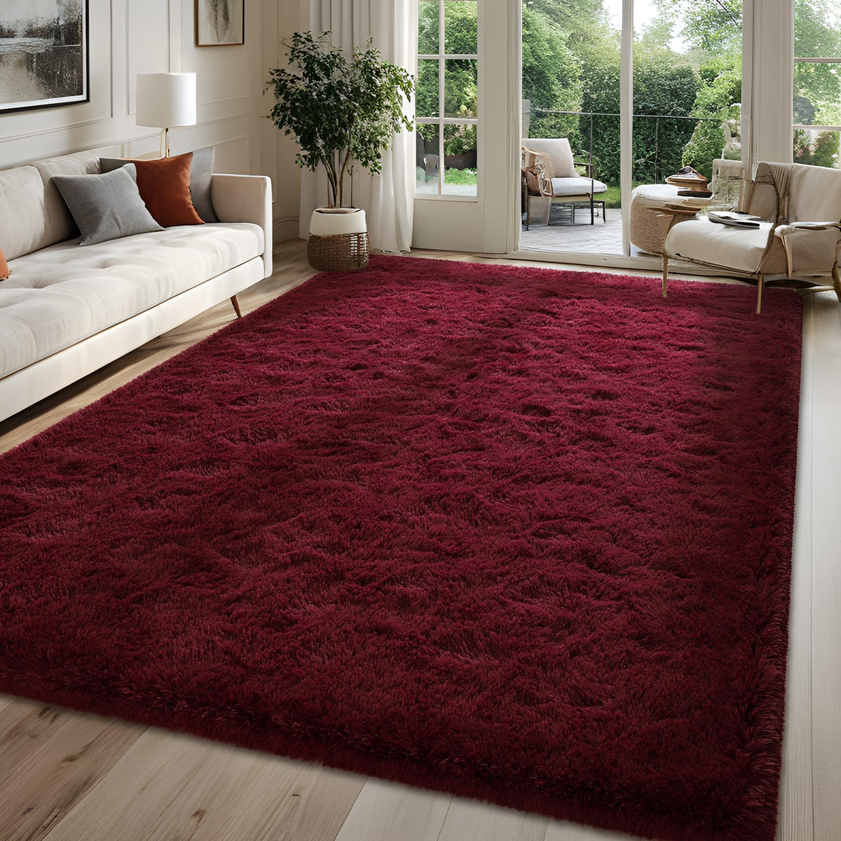 FALARK fluffy burgundy rug closeup highlights plush velvet pile for cozy feet