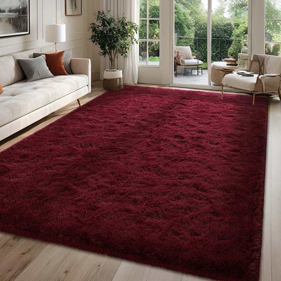 FALARK fluffy burgundy rug closeup highlights plush velvet pile for cozy feet