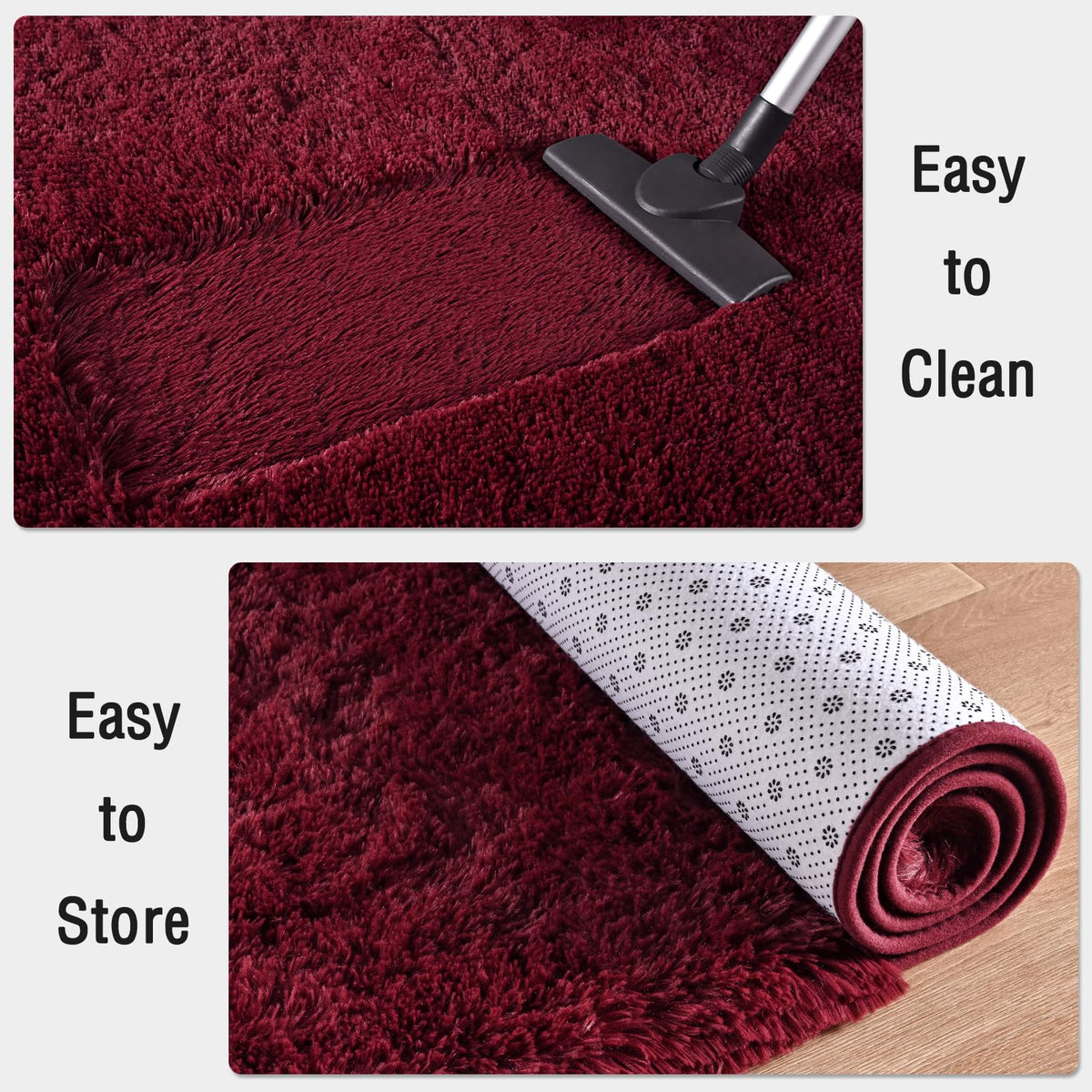 FALARK living room setup features burgundy shag for warm ambience