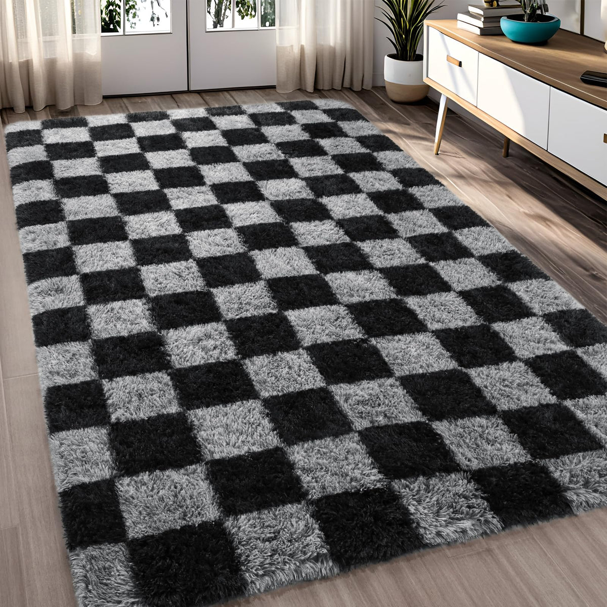 FALARK rug checkered 4x6 in black and gray adds modern style to living rooms.