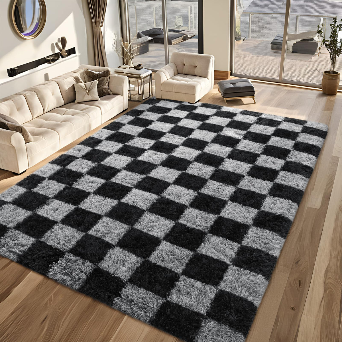 FALARK rug checkered pattern brightens spaces with stylish texture.
